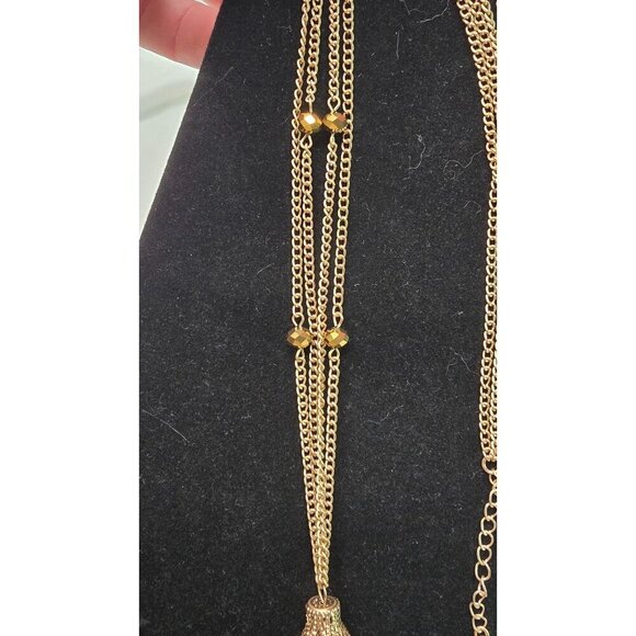 Vintage Gold Tone Tube Tassel Necklace Bead Accents Boho Chic Jewelry - Picture 3 of 5